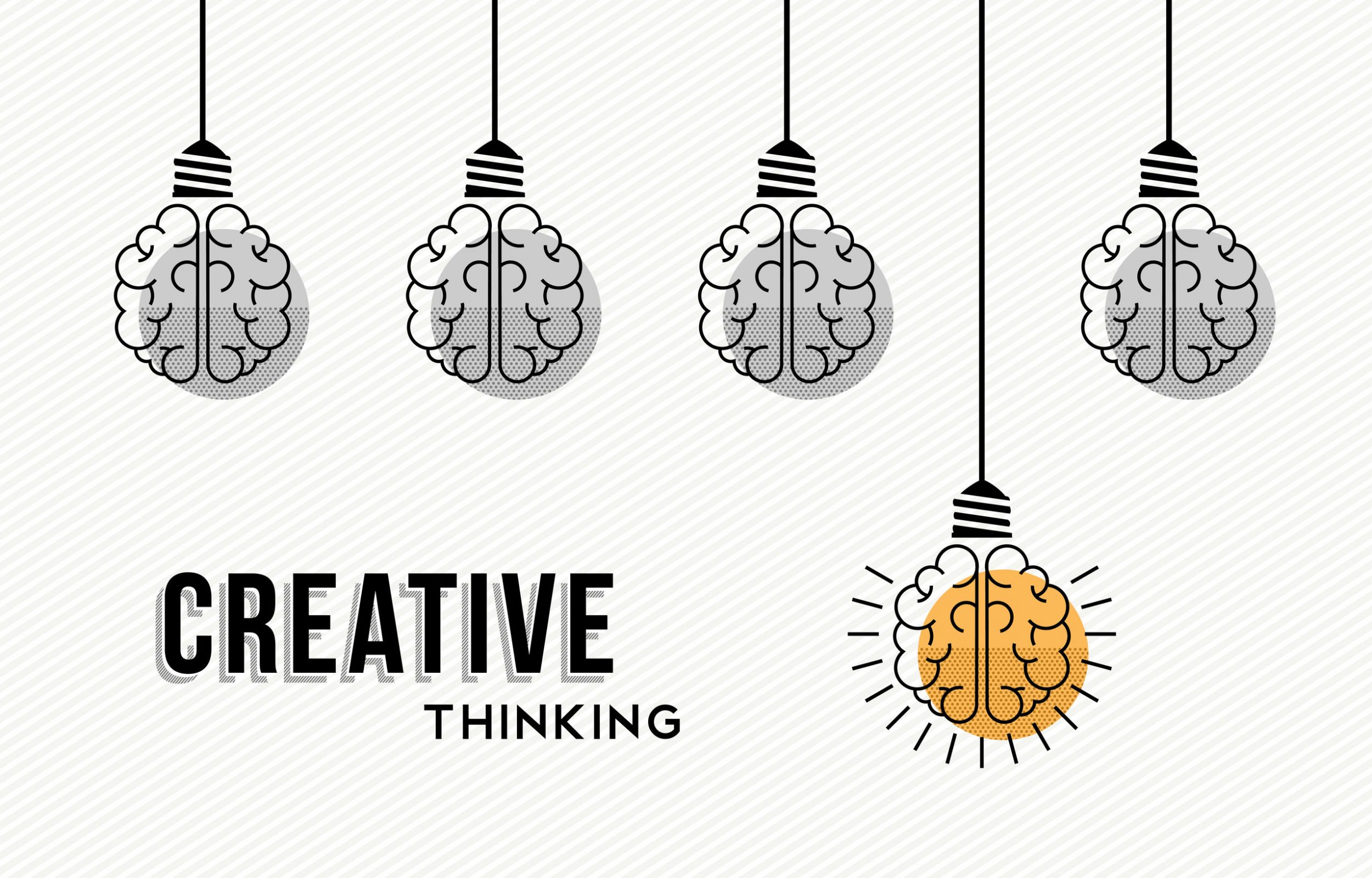 Modern creative thinking concept design, human brains in black and white with colorful one getting an idea. EPS10 vector.